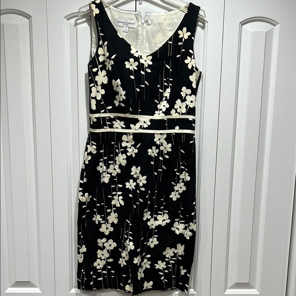 Elegant Black and Cream Floral Dress- Size 8